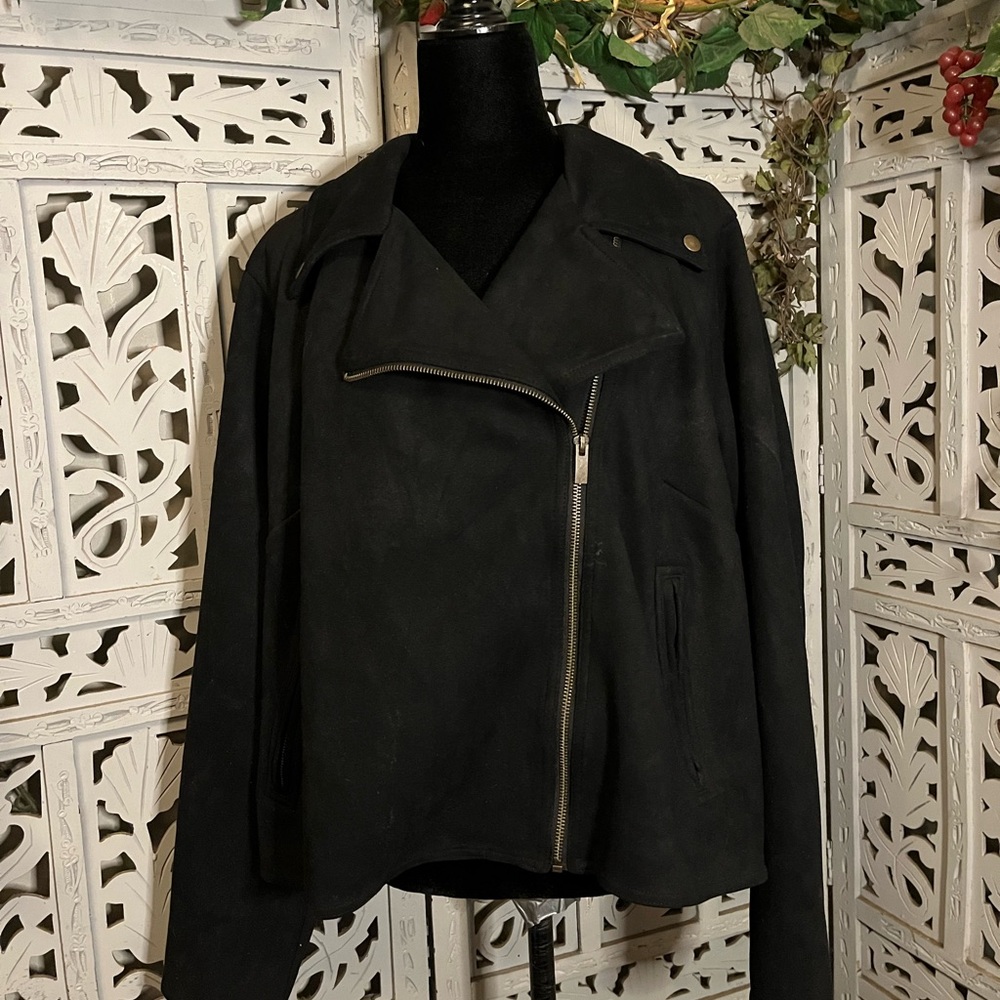 AVA & VIV VIVACIOUS BLACK BUTTERY SOFT FAUX SUEDE ZIP UP MOTOR BIKE PLUS JACKET